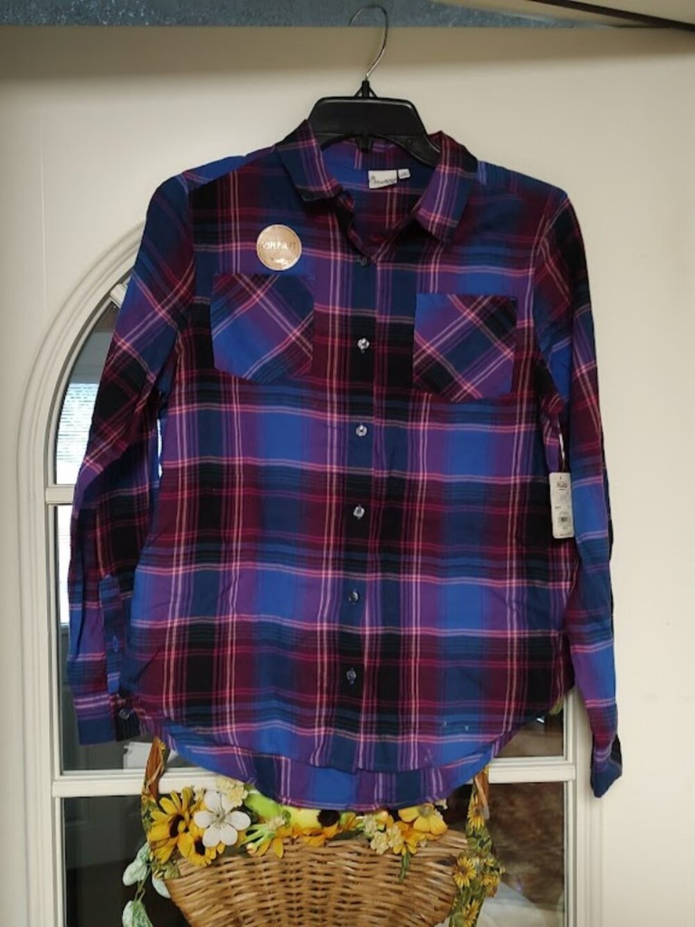 New Mudd Purple Blue Plaid Super Soft Long Sleeve Button Down Shirt Girl's 16